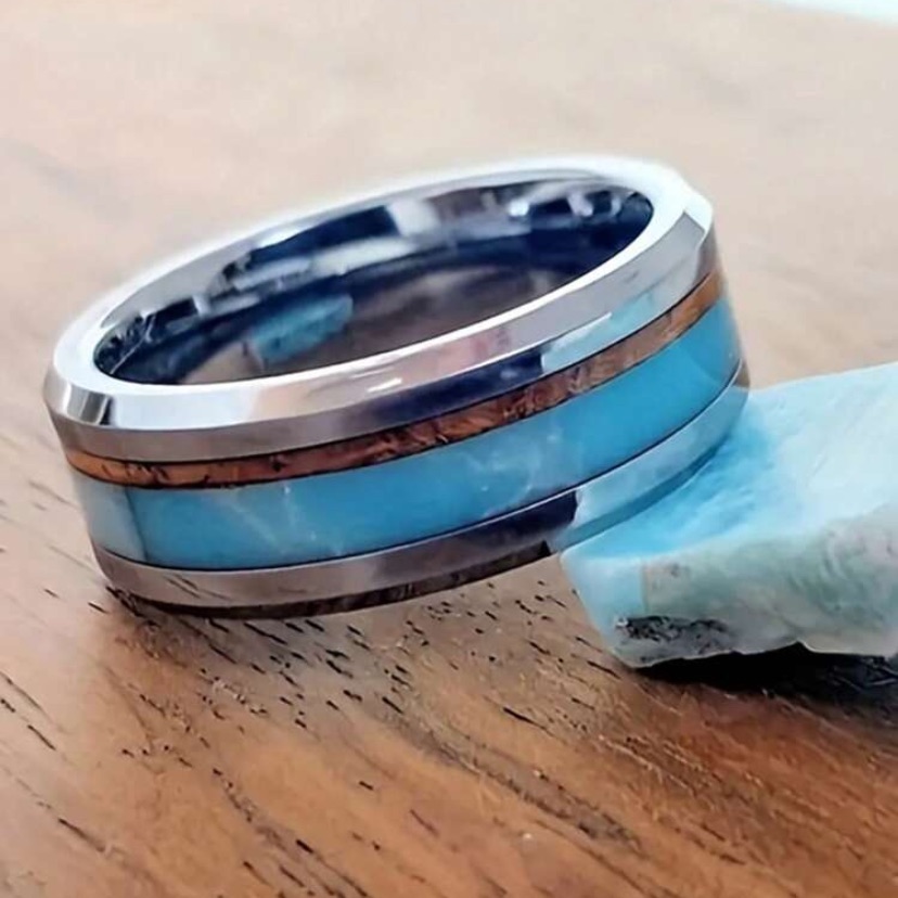 Vintage Stainless Steel Men's Blue And Brown Inlay Ring